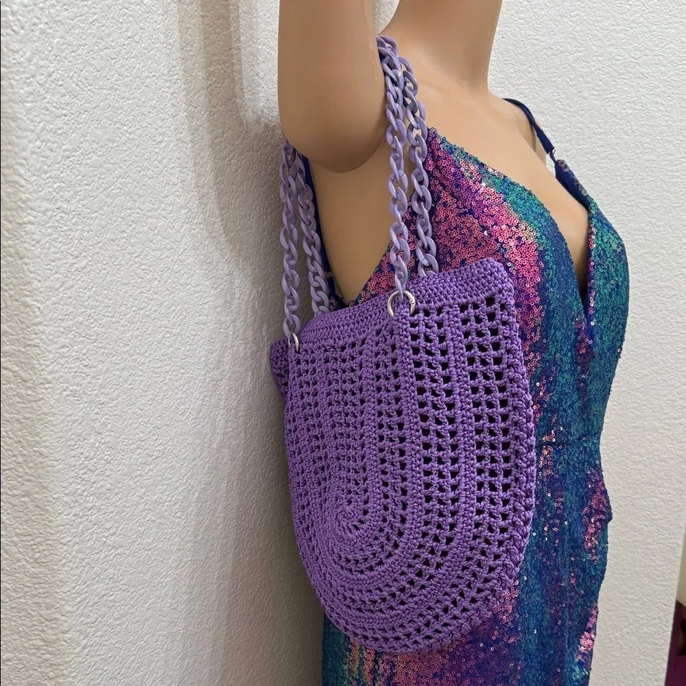 Elegant Purple Crochet Shoulder Bag 12 X 12 In Black Lining Silver Snap Closure